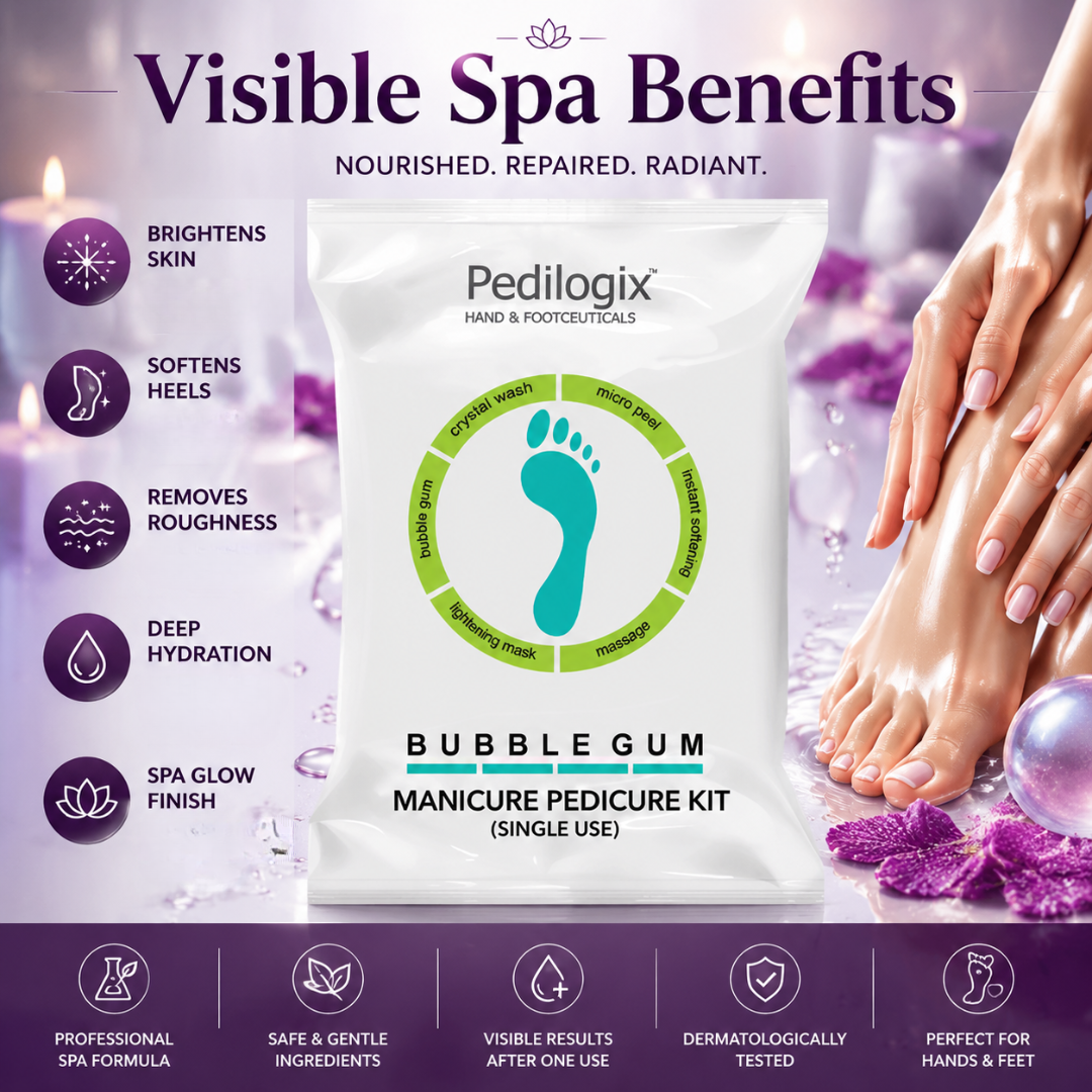 O3+ Pedilogix Spa Kit – Brighten, Smooth & Hydrate – Professional 6-Step Manicure & Pedicure Kit for Hands & Feet – Crystal Wash, Micro Peel, Bubble Gum Gel, Massage Cream & Pedi Mask – Single Use – Spa Results at Home