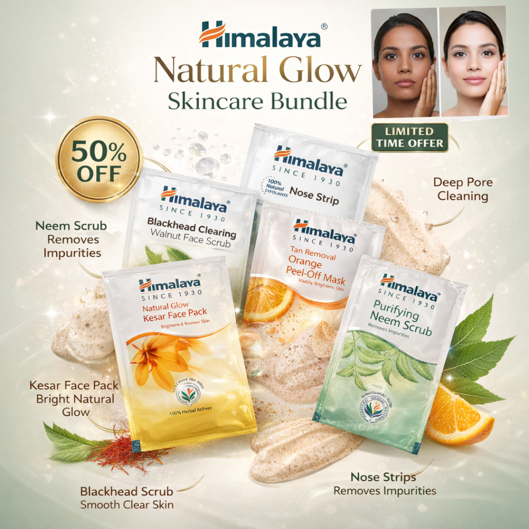 Himalaya Natural Glow Skincare Bundle | Neam Scrub, Nose Strips, Orange Mask & Kesar Face Pack | 5-Step Deep Pore Cleansing